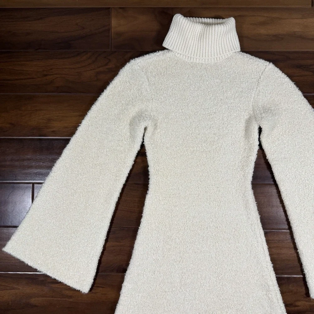 GRLFRND Size XS Ivory Maeko Boucle Thick Knit Midi Sweater Dress Bell Sleeve - Picture 2 of 10